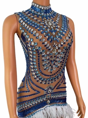 Women's Sexy High Neck Sleeveless Midi Beaded Dress with Diamond and Crystal Feather Design featuring Beaded Craftsmanship