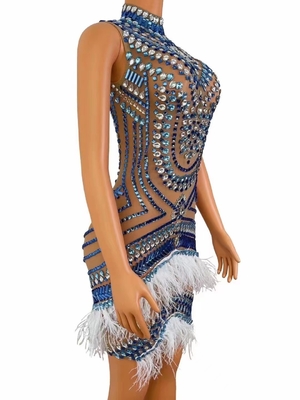 Women's Sexy High Neck Sleeveless Midi Beaded Dress with Diamond and Crystal Feather Design featuring Beaded Craftsmanship