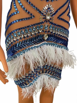 Women's Sexy High Neck Sleeveless Midi Beaded Dress with Diamond and Crystal Feather Design featuring Beaded Craftsmanship