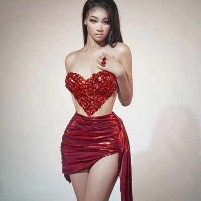 Luxurious Red Summer AD2407 Two-Piece Bodycon Dress Set with Crystal Sequins Unique and Sensual Women's Clothing Now