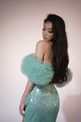 AD2405 Summer Set Luxurious Sequin Skirt and Mesh One-Shoulder Top Perfect for the Hot Season Woven Method Loom Round Neck