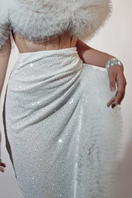 AD2405 Summer Set Luxurious Sequin Skirt and Mesh One-Shoulder Top Perfect for the Hot Season Woven Method Loom Round Neck
