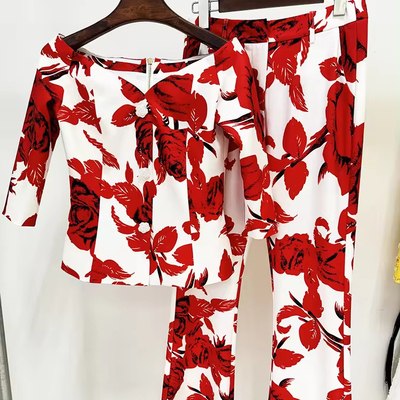 Eco-Friendly SR2318 Kimshein Fashion Two-Piece Floral Spring Suit Women's Work Long Pants Made of Polyester and Cotton