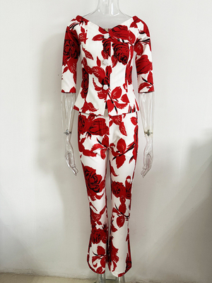 Eco-Friendly SR2318 Kimshein Fashion Two-Piece Floral Spring Suit Women's Work Long Pants Made of Polyester and Cotton