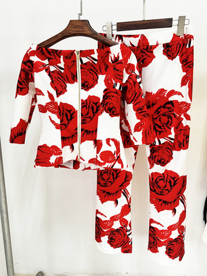 Eco-Friendly SR2318 Kimshein Fashion Two-Piece Floral Spring Suit Women's Work Long Pants Made of Polyester and Cotton