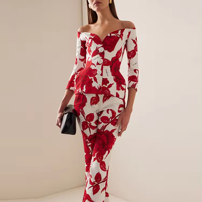 Eco-Friendly SR2318 Kimshein Fashion Two-Piece Floral Spring Suit Women's Work Long Pants Made of Polyester and Cotton