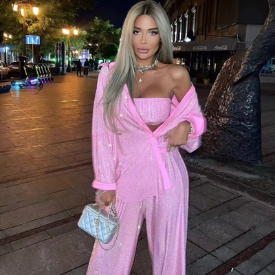 SR2314 Trendy Women's Luxurious Two-Piece Party Outfit with Pearl Embellishments Custom Logo Top Length Regular Sleeve