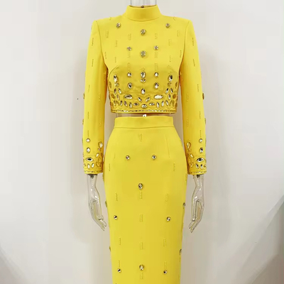 Stunning Eco-Friendly SR2316 Luxurious Yellow Spring/Autumn Outfit with Pearl and Crystal Two-Piece Set