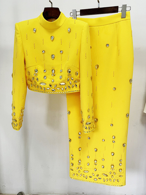 Stunning Eco-Friendly SR2316 Luxurious Yellow Spring/Autumn Outfit with Pearl and Crystal Two-Piece Set