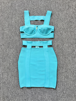 SS2244 Bandage Tight Bustier Two-Piece Set in Beautiful Blue Evening Dress and Mini Skirt Perfect Fit for All Body Types