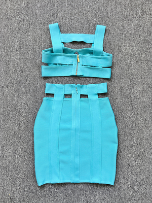 SS2244 Bandage Tight Bustier Two-Piece Set in Beautiful Blue Evening Dress and Mini Skirt Perfect Fit for All Body Types