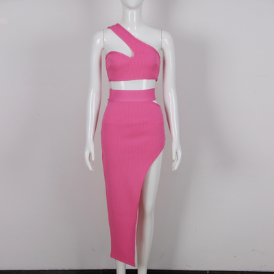 SS2242 Knit Two-Piece Set for Women Slit Skirt and Single-Shoulder Crop Top Print Method Printing Summer 2021 Collection