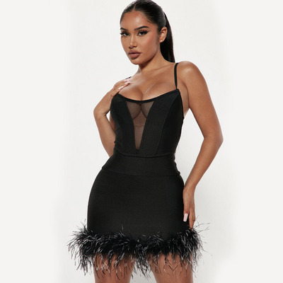 SS2238 Luxury Women's Two-Piece Set Street Feather Dance Party Dress Bottoms Custom Logo Included and Ready to Ship