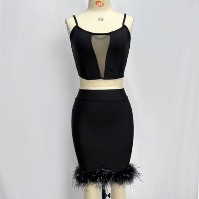 SS2238 Luxury Women's Two-Piece Set Street Feather Dance Party Dress Bottoms Custom Logo Included and Ready to Ship