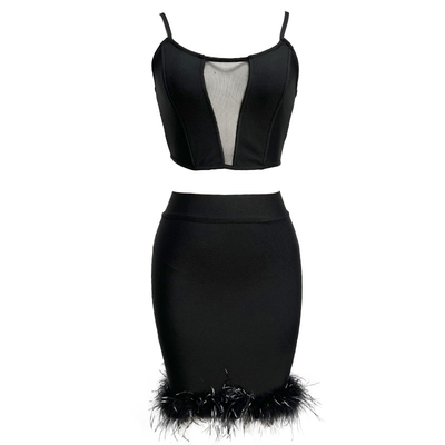 SS2238 Luxury Women's Two-Piece Set Street Feather Dance Party Dress Bottoms Custom Logo Included and Ready to Ship