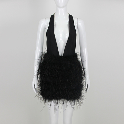 Natural Waistline ED2661 Summer Black Mini Dress with Deep V-Neck and Sexy Backless Strap Beautiful Tight Feather Dress