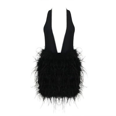 Natural Waistline ED2661 Summer Black Mini Dress with Deep V-Neck and Sexy Backless Strap Beautiful Tight Feather Dress