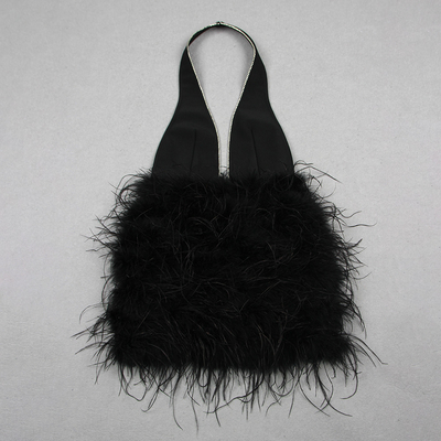 Natural Waistline ED2661 Summer Black Mini Dress with Deep V-Neck and Sexy Backless Strap Beautiful Tight Feather Dress