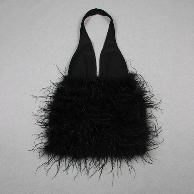 Natural Waistline ED2661 Summer Black Mini Dress with Deep V-Neck and Sexy Backless Strap Beautiful Tight Feather Dress
