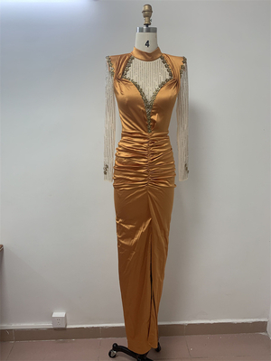 ED2616 Yellow Women's Sexy Low-Cut Long Sleeve Maxi Dress Elegant and Casual Sheer Pleated Party Dress for Summer Nights
