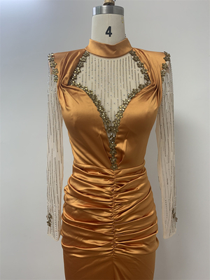 ED2616 Yellow Women's Sexy Low-Cut Long Sleeve Maxi Dress Elegant and Casual Sheer Pleated Party Dress for Summer Nights