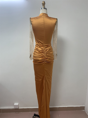 ED2616 Yellow Women's Sexy Low-Cut Long Sleeve Maxi Dress Elegant and Casual Sheer Pleated Party Dress for Summer Nights