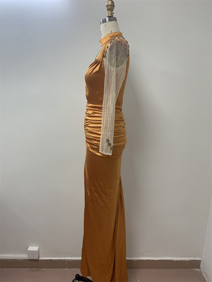 ED2616 Yellow Women's Sexy Low-Cut Long Sleeve Maxi Dress Elegant and Casual Sheer Pleated Party Dress for Summer Nights