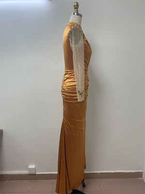 ED2616 Yellow Women's Sexy Low-Cut Long Sleeve Maxi Dress Elegant and Casual Sheer Pleated Party Dress for Summer Nights
