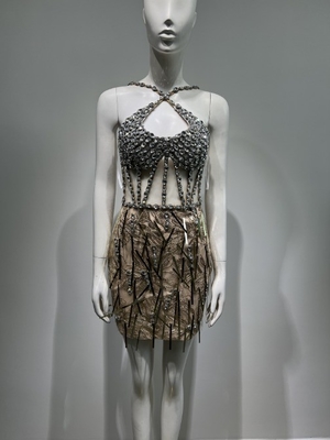 Full Sexy Hip Nightclub Bartender Outfit Natural Waistline Knitted Chest Equipment with Neck Slingshot and Back Tassels