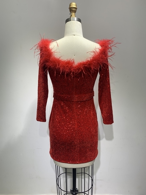 ED2645 Red Hot Club Women's Tight Dress with Hanging Collar Off-Shoulder Faux Fur Mini Length Ready to Ship Dry Clean Only