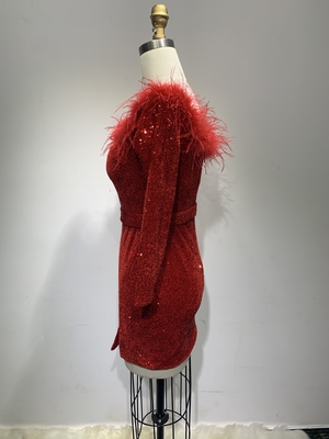 ED2645 Red Hot Club Women's Tight Dress with Hanging Collar Off-Shoulder Faux Fur Mini Length Ready to Ship Dry Clean Only