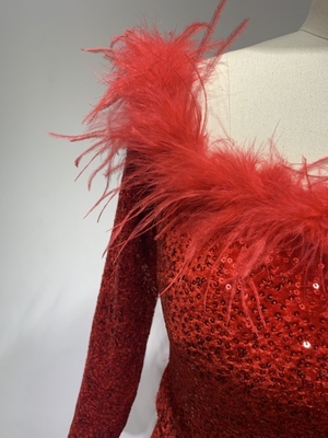 ED2645 Red Hot Club Women's Tight Dress with Hanging Collar Off-Shoulder Faux Fur Mini Length Ready to Ship Dry Clean Only