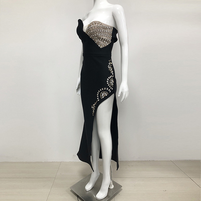 Elegant Luxury Rhinestone Slit end Polyester Bandage Cocktail Strapless Evening Dress with Non-woven Fabric Weaving Method