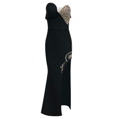 Elegant Luxury Rhinestone Slit end Polyester Bandage Cocktail Strapless Evening Dress with Non-woven Fabric Weaving Method