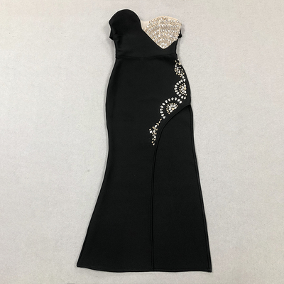 Elegant Luxury Rhinestone Slit end Polyester Bandage Cocktail Strapless Evening Dress with Non-woven Fabric Weaving Method