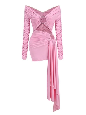LS2489 Spring Women's V-Neck Long Sleeve Pink Dress Lady's Formal Dress Slim Sexy Hollow Out Dress A-Line V-Neck Mini