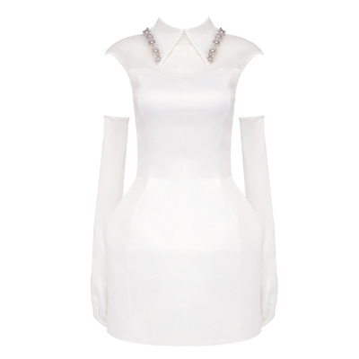 SB3107 Water Diamond White Sleeveless Dress for Elegant Pearl Gloves and Satin Fabric Customizable Logo Position