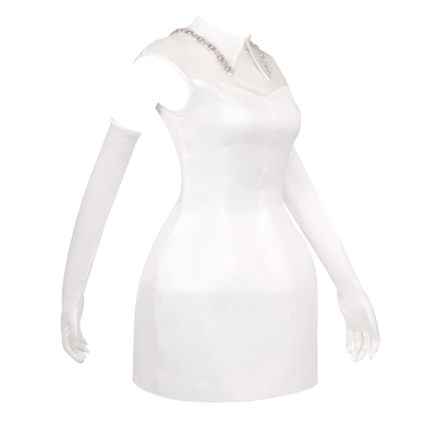 SB3107 Water Diamond White Sleeveless Dress for Elegant Pearl Gloves and Satin Fabric Customizable Logo Position
