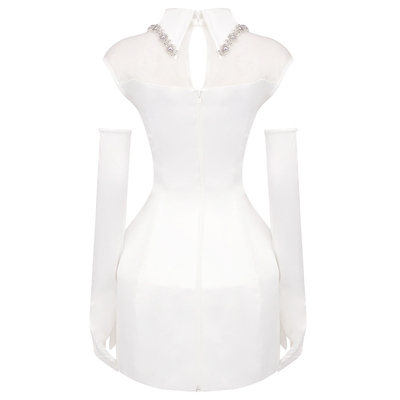 SB3107 Water Diamond White Sleeveless Dress for Elegant Pearl Gloves and Satin Fabric Customizable Logo Position
