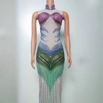 7-Day Fast Sample Shimmering Rhinestone High Neck Floor-Length Gown for Luxurious Diamond Bodycon Performance Dress