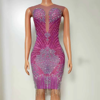 Elegant AD2485 Kimshein Luxurious Fringe Sleeveless Crystal Mesh Evening Dress Diamond Classic Dress for Breathability