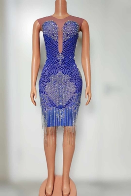 Elegant AD2485 Kimshein Luxurious Fringe Sleeveless Crystal Mesh Evening Dress Diamond Classic Dress for Breathability
