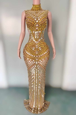 Pure Color AD2334 Handmade Diamond Maxi Evening Dress with Sexy High Neck and Crystal Sequins Customizable Logo Position