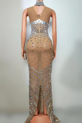Pure Color AD2334 Handmade Diamond Maxi Evening Dress with Sexy High Neck and Crystal Sequins Customizable Logo Position
