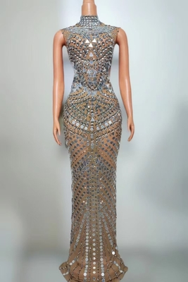 Pure Color AD2334 Handmade Diamond Maxi Evening Dress with Sexy High Neck and Crystal Sequins Customizable Logo Position