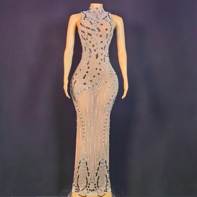 AD2450 Popular Fashion Dress Luxurious Crystal Women's Pearl Dress with Sheer Mesh and Sexy Clubwear Transparent Design
