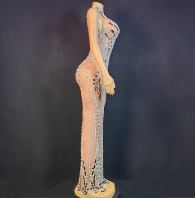 AD2450 Popular Fashion Dress Luxurious Crystal Women's Pearl Dress with Sheer Mesh and Sexy Clubwear Transparent Design