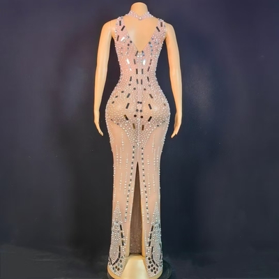 AD2450 Popular Fashion Dress Luxurious Crystal Women's Pearl Dress with Sheer Mesh and Sexy Clubwear Transparent Design