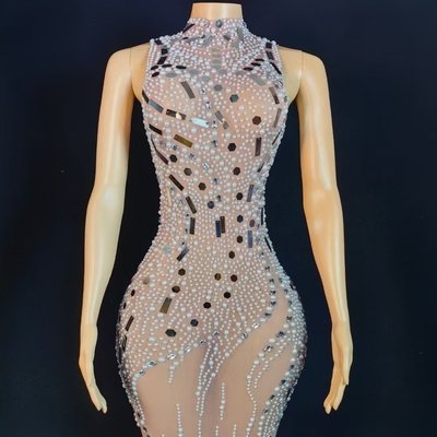 AD2450 Popular Fashion Dress Luxurious Crystal Women's Pearl Dress with Sheer Mesh and Sexy Clubwear Transparent Design