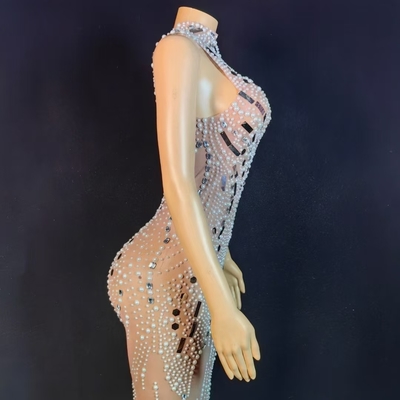 AD2450 Popular Fashion Dress Luxurious Crystal Women's Pearl Dress with Sheer Mesh and Sexy Clubwear Transparent Design